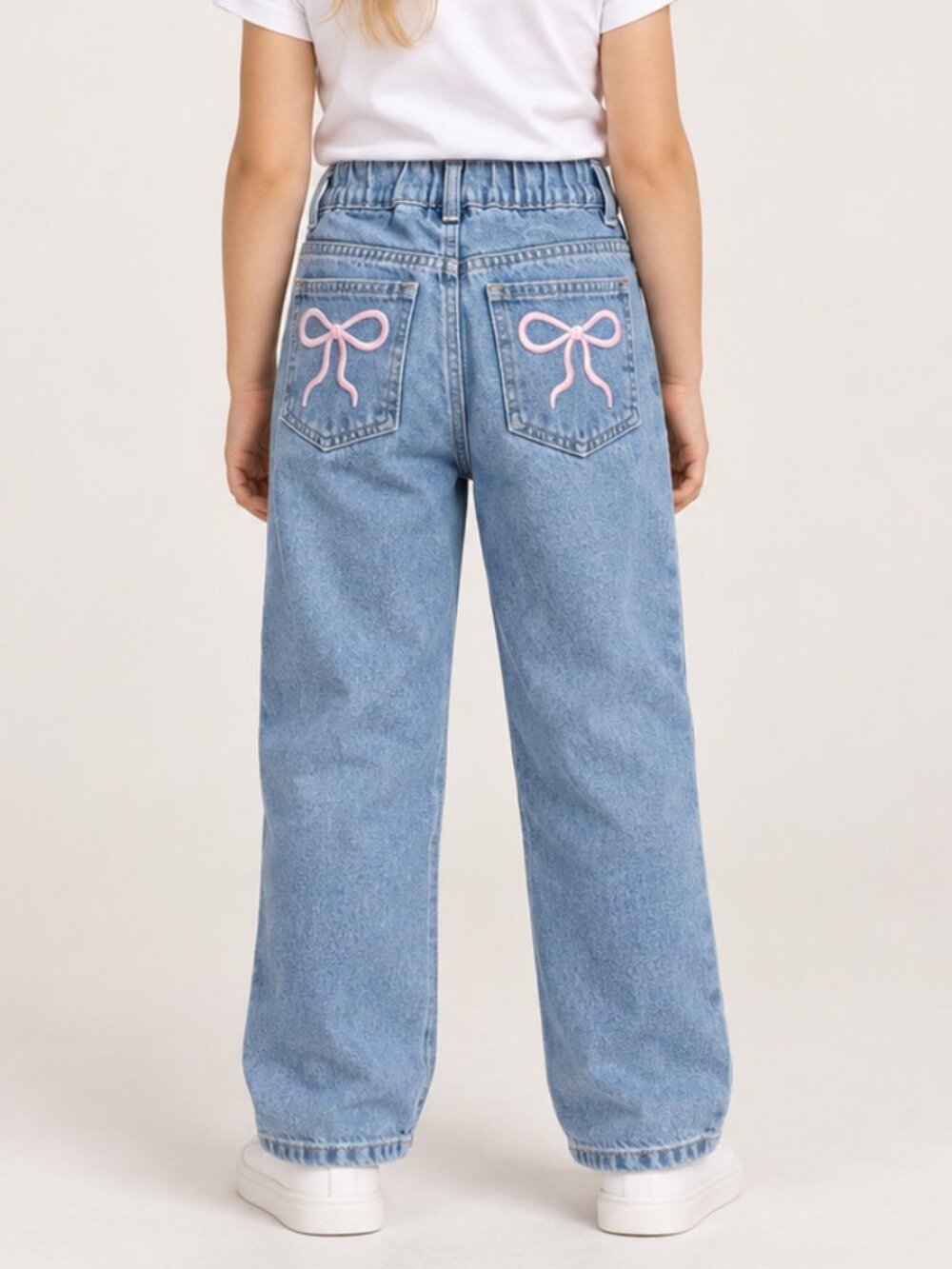 Classic Straight-Leg Light Wash Jeans with Bow Detail on Back Pockets 10y